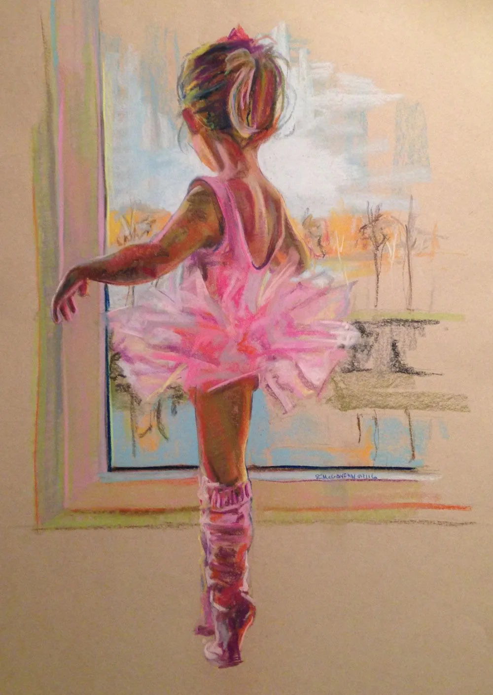 A pastel painting of a young ballerina in a pink tutu and leg warmers, turning beside a window